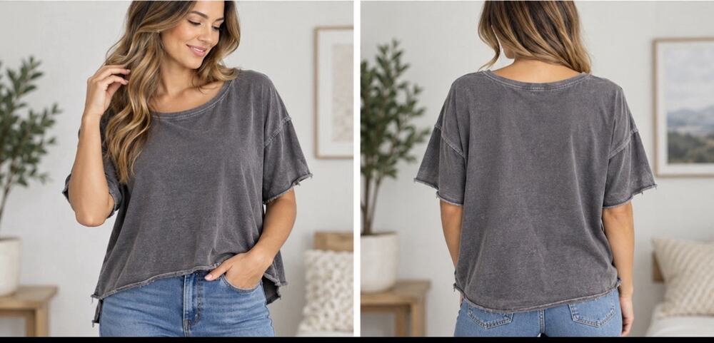 Free People Distressed Raw Hem Short Sleeve Top Gray Oversized Women’s Medium